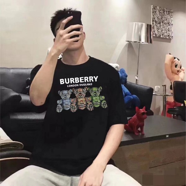 バーバリー風 親子 T シャツ 半袖 カジュアル ママパパ キッズ可愛いBURBERRY子供tシャツ大人服男女兼用バーバリートイベア 親子お揃い T シャツ アイボリー ブラック 春夏