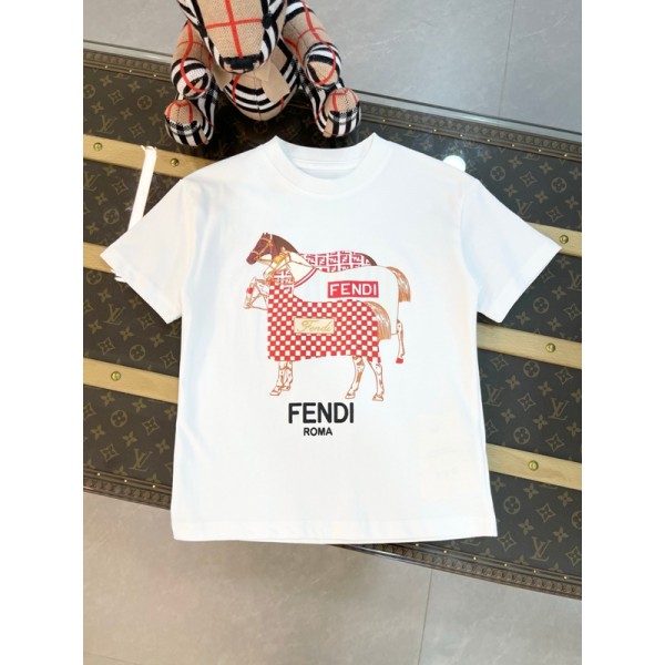 フェンディ風親子コーデ 子供大人サイズありファミリーお揃いFENDI ブランド激安Tシャツ 韓国風親子tシャツ夏 綿フェンディレディースメンズ馬柄半袖 T シャツ チェック ×FF 柄 親子お揃い ペアルック