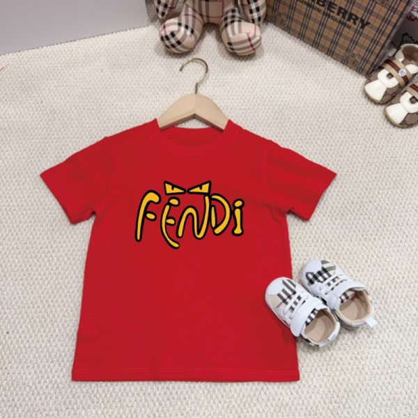 フェンディ風 アイコンロゴ 親子半袖 T シャツ レッド可愛いFENDI 風 カラーロゴプリント 親子お揃い T シャツ 春夏ハイブランド親子 ペアルック