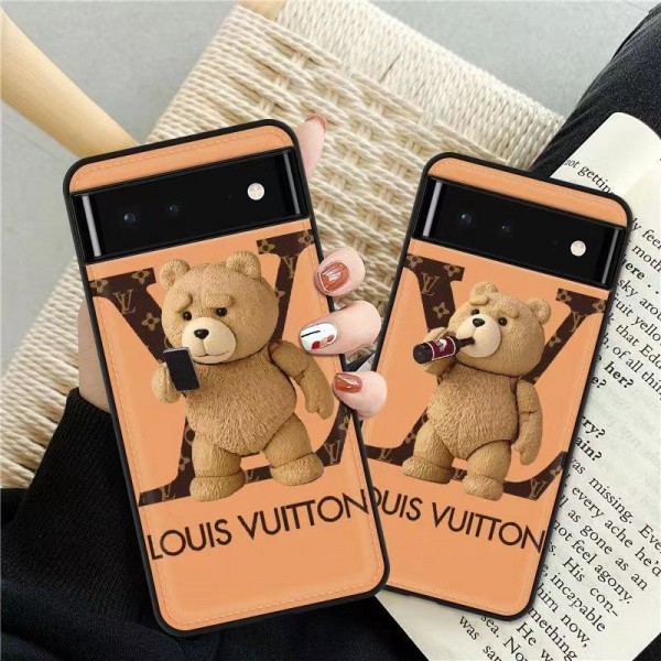 ルイヴィトングーグルピクセル10a  11pro xl ブランドケース可愛い LV 風ハイブランドアイフォン18 17 ギャラクシーS26 plus  s26ultra Google Pixel10 a 11pro XLケースLOUIS VUITTON 風 くまちゃんプリント レザー調スマホケースファッション潮流男女兼用人気