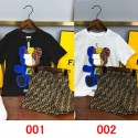 【フェンデイ】 可愛いベアモチーフ T シャツと FF 柄ショーツの子供用セット 2 色展開フェンデイフェンデイ子供服、男の子 女の子ベアモチーフ T シャツ、FF 柄ショーツセットフェンデイ夏服、子供用ウェア