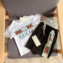グッチ 子供用 スポーツウェア セットグッチ 子供用 白Tシャツと黒ショートパンツ セット高級感とファッション感を兼ね備えています男の子 女の子 グッチ半袖Tシャツ 子供服