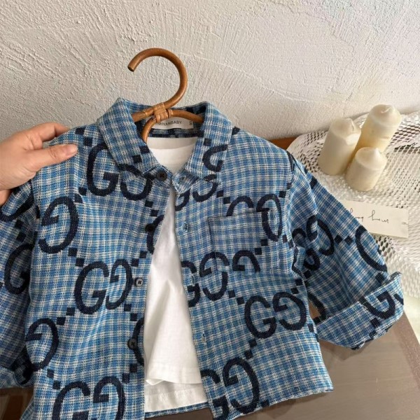 グッチGUCCI レトロチェック＆ダブル G 風 子供用シャツダブル G 柄の子供用レジャーシャツ激安ハイブランド韓国風グッチ半男の子 女の子 男児 女児Tシャツユニセックス大人気