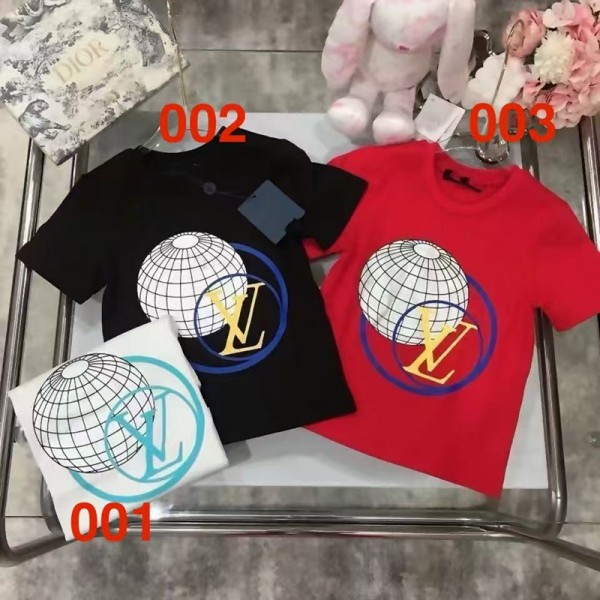 ルイヴィトンキッズ 子供服男女兼用LV子供 t シャツLVキッズ専用 地球モチーフとロゴ融合 T シャツセット夏服LV 定番子供用白黒赤 T シャツルイヴィトン半袖キッズ セットアップ 男の子