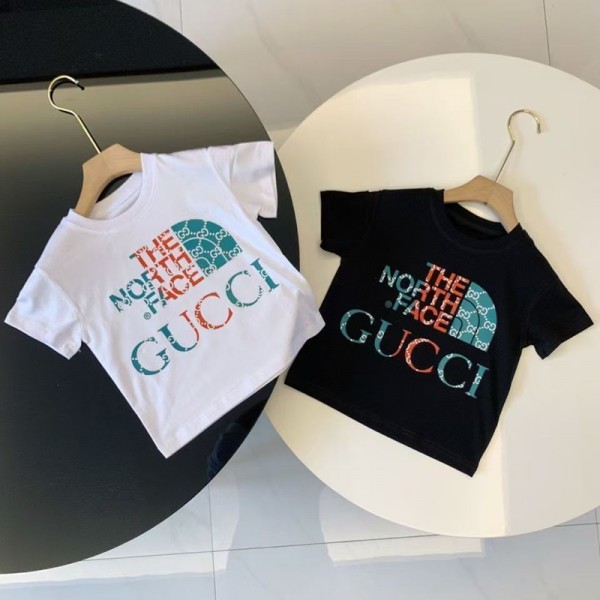 グッチ子ザノースフェイス供用白黒 T シャツ、ロゴプリントデザインThe North Face高品質素材GUCCI 子供 t シャツブランドアイテムキッズ セットアップ 男の子 女の子夏服