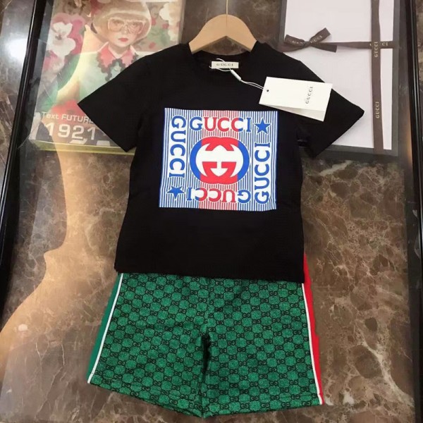 グッチ キッズ 半袖Tシャツ＆ショーツセット春夏新作【GUCCI】おしゃれ子供用 半袖コーデセット（綿100％）グッチ ジュニア カジュアルTシャツ＋パンツ 2点セット