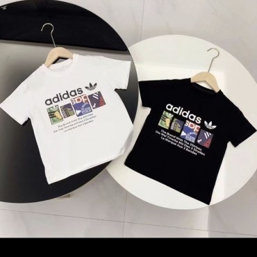 アディダスAdidas子供服T シャツブランド感通気性可愛らしさとエレガンスキッズファッション 白黒 T シャツ 個性的なロゴプリントアディダス男女兼用キッズ キッズ tシャツ 
