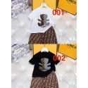 フェンデイFendi 子供服クマイラスト T シャツと FF 柄ショートパンツフェンデイ キッズ用 夏のファッションセット 白黒 T シャツとブラウン FF 柄コーデフェンデイキッズ夏服セット子供服フェンデイ 上下セット tシャツ ショーツ 2点キッズ服
