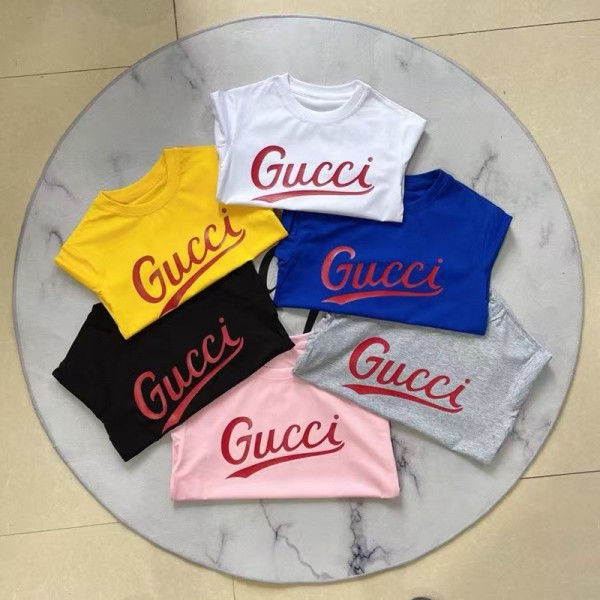 GUCCI 子供服 カラフル半袖 T ロゴプリント 男女児兼用 ファッションアイテム子供用 グッチロゴプリント T シャツ 夏のビーチ & 日常着 6 色ラインナップグッチ