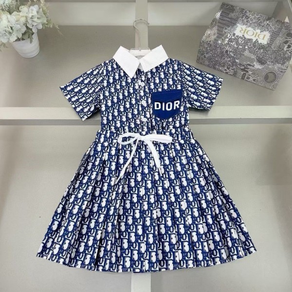 ディオールキッズ ワンピース モノグラム柄 シャツカラー エレガントデザインDior 子供用ワンピース モノグラムプリント シャツカラー ロゴポケット & リボン人気ディオール子供服