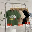 GUCCI潮系子供服ノースフェイス 子供用 T グリーン / ベージュ / ブラックコラボ子供服THE NORTH FACEキッズ T シャツグッチ人気コラボ子供服上下セット tシャツ ショーツ 2点キッズ服