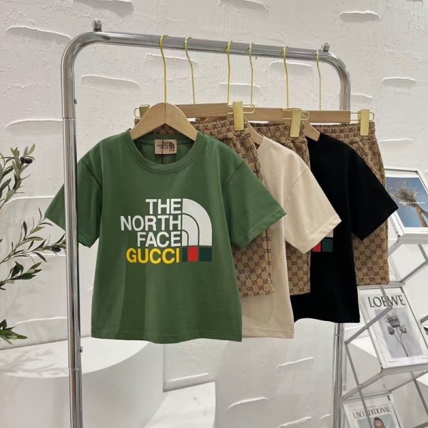 GUCCI潮系子供服ノースフェイス 子供用 T グリーン / ベージュ / ブラックコラボ子供服THE NORTH FACEキッズ T シャツグッチ人気コラボ子供服上下セット tシャツ ショーツ 2点キッズ服