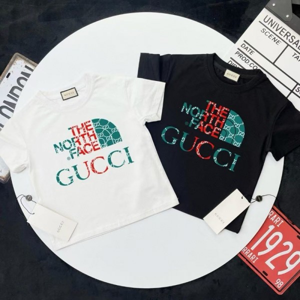 Gucci× ノースフェイスキッズ T ブランドロゴ融合デザインThe North Face子供用 T シャツ ハイファッショングッチキッズ Tギフト高品質白 / 黒 クールアイテムザノースフェイス