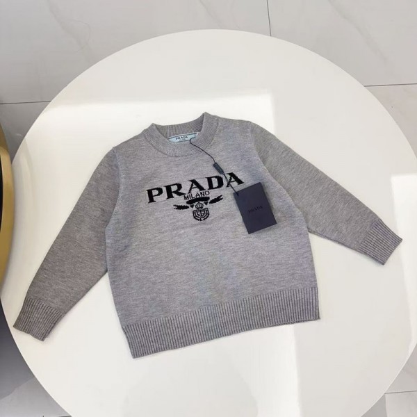 プラダ子供服男の子女の子 pradaキッズ秋冬限定 キッズ グレー ロゴアップ ニットセーター可愛プラダい秋冬向け子供服高品質素材ベストブランド子供服プラダ偽物90cm-140cm