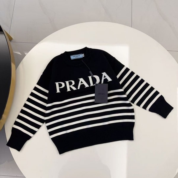 プラダ 秋冬 子供キッズ服 キッズ ニットセーター 白黒ストライプ ロゴ入り 高品質子供服PRADA子供用激安プラダ チルドレン ストライプニットプラダ子供服秋冬用