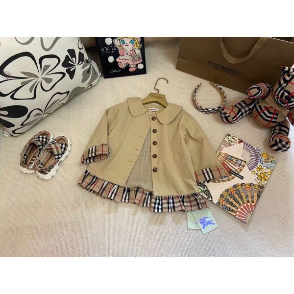 バーバリーキッズ トレンチコート ベージュ チェックアクセント 可愛らしBurberry子供服 バーバリー 洋服韓国風女の子Burberry 風