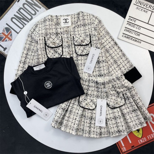 秋冬シャネルCHANEL子供洋服シャネル風 キッズ ホワイト 3 点セット可愛い女の子秋冬シャネルキッズ服偽物ブランド子供洋服姉妹服chanel