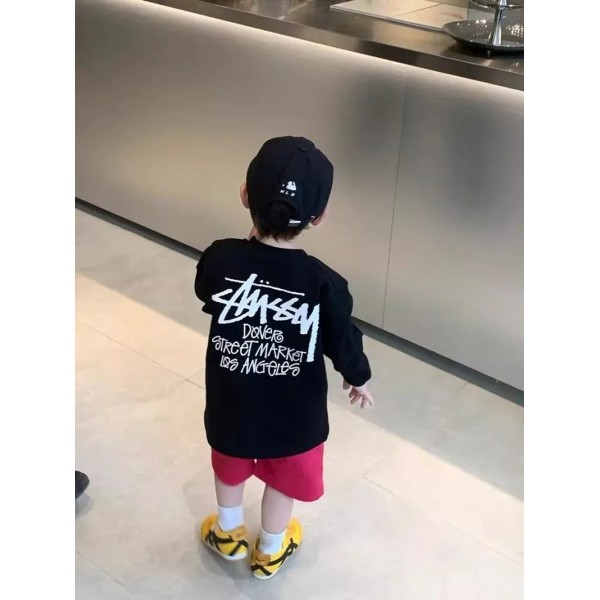 ステューシーキッズ tシャツ子供服可愛いステューシー風 キッズ ブラック ロゴプリント ロングスリーブ T シャツStussy ステューシー韓国風激安キッズロングスリーブ T シャツ