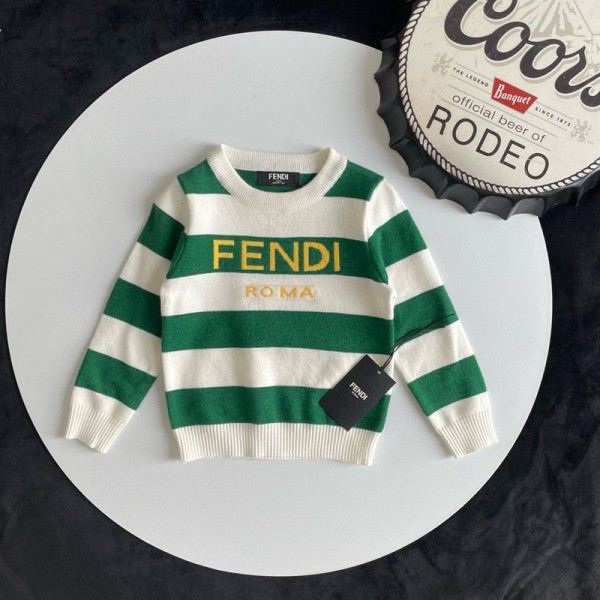 激安フェンディキッズニットセーターFENDI 子供服 秋冬保暖 緑白ストライプ ニットセーターフェンディ子供用ブランド子供洋服韓国風