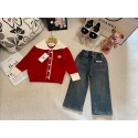 シャネル子供服女の子 キッズ セットアップ 秋冬用 シャネル風 レッドニットカーディガン 2 点セットシャネルブランド子供洋服韓国風CHANEL子供服ウェア激安