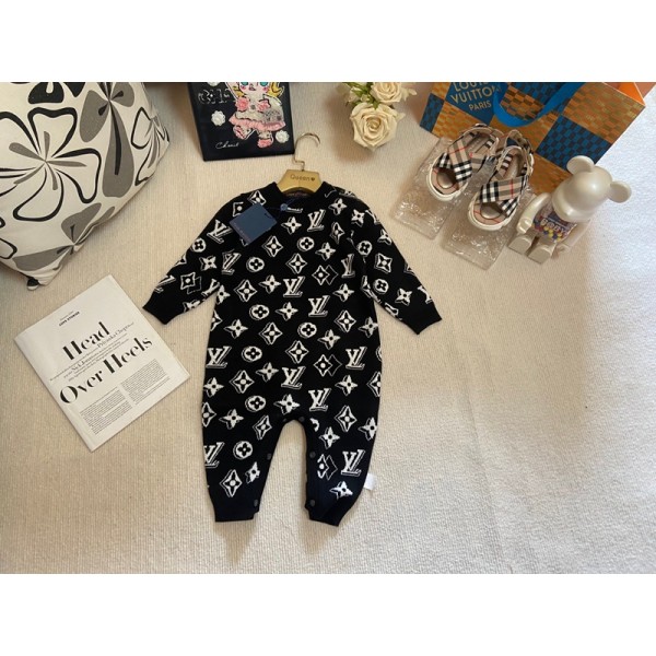 ルイヴィトン ベビー服ロンパース秋冬可愛いLV風 ベビー ブラックモノグラム ニットロンパースルイヴィトン新生児服ブラックモノグラムルイヴィトン秋冬保暖ハイブランド73-100 サイズ幼児用