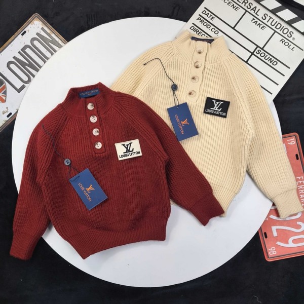 ルイヴィトンキッズニットセーターブランド子供洋服韓国風LV子供服ルイヴィトン風 キッズ カラーバリエーション ロゴアクセント ニットセーター男の子 女の子 （レッド / ベージュ）秋冬保暖