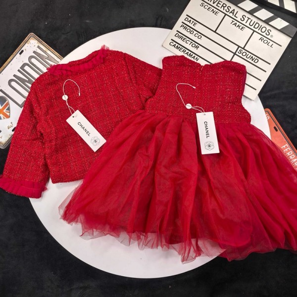 ハイブランド可愛い子供服シャネル秋冬キッズ服 おしゃれCHANELブランド子供洋服韓国風激安シャネル女童用 レッド スパンコールニットカーディ + チュールドレス 2 点セット女の子