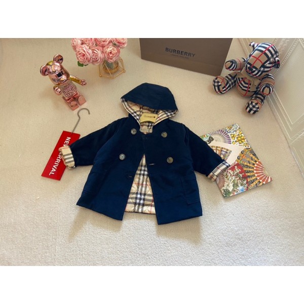 バーバリー Burberry 子供服秋冬用 バーバリー風 韓国風ネイビーコーデュロイ フード付きトレンチコートバーバリー秋冬 子供キッズ服ハイブランド子供服コピー