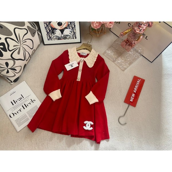 シャネルCHANEL女の子レッド ニットワンピースシャネル高級感ブランド子供洋服可愛いおしゃれ90cm～150cm 対応