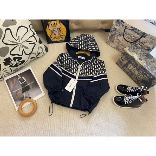 ハイブランドディオールDior子供服可愛い男の子 女の子秋冬用 ディオール風 男女童 モノグラム ネイビー フード付きウインドブレーカーDior激安