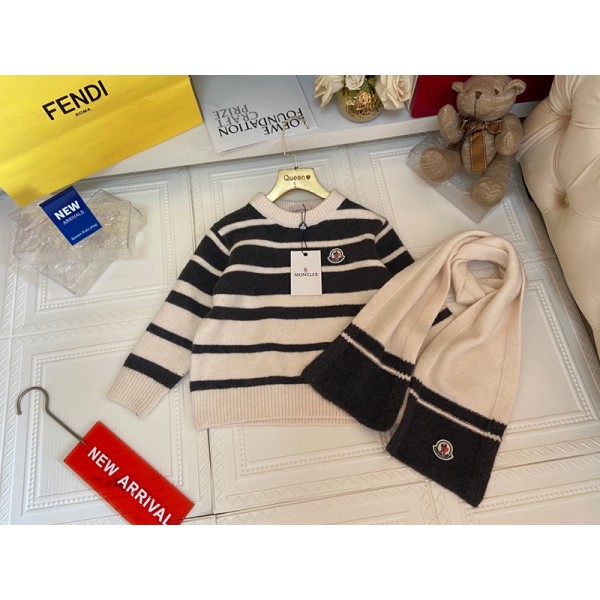 ハイブランド子供服モンクレールMONCLERキッズ ブラック × ベージュストライプ ニット + スカーフ 2 点セット高級感激安モンクレール秋冬可愛らハイブランド子供服おしゃれ110-150 サイズ