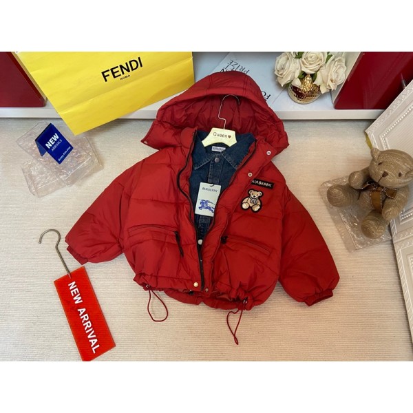 バーバリー Burberry子供服防寒中綿コート秋冬服 シンプル 通園 通学 小学生バーバリー男の子 女の子可愛いバーバリー風 キッズ レッド フード付き ダウンジャケット