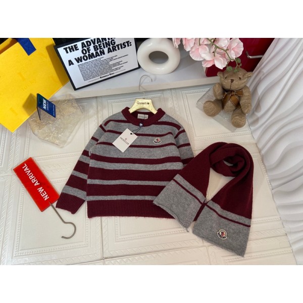 モンクレールMONCLERキッズ秋冬用子供服ロゴ ストライプニット + スカーフ 2 点セットモンクレール可愛い韓国風モンクレールMONCLER子供服ストライプ通園 通学100cm～150cm 対応 