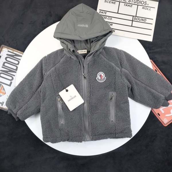 モンクレールMONCLER防寒 キッズ服ブランド子供服ウェア激安裏起毛高機能防寒 モンクレール風キッズボアフードジャケット グレー厚手韓国風90cm～150cm 対応