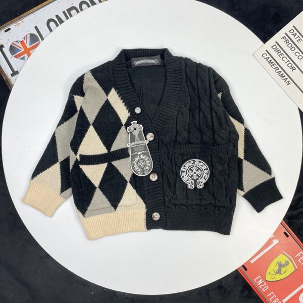 Chrome Hearts 子供服ニットセータークロムハーツキッズアーガイル柄ニットカーディガン クロスロゴパッチ90-150 サイズクロムハーツ男の子 女の子ブランド子供服韓国風