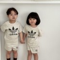 激安アディダス子供服 Adidas子供服 上下セット tシャツ ショーツ 2点キッズ服アディダス風 半袖ショーツ 2 点セットジュニア 水色 ロゴスポーツセット男の子 女の子