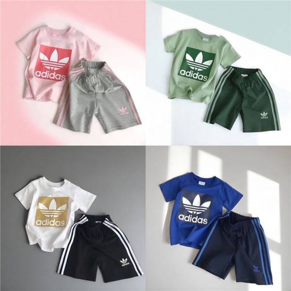 アディダスAdidas子供服男女兼用 アディダス風トレフォイルロゴキッズ半袖 T シャツ + ショーツセット ピンク / グリーン / ホワイト / ブルー 4 色展開 100-160 サイズAdidas上下セット tシャツ ショーツ 2点キッズ服