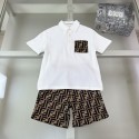FENDI 子供服セットアップ夏フェンディ風 FF 柄 キッズ子供服 ポロシャツ＋ショーツ セットアップフェンディキッズ男の子 入学入園 / お祝い着 フェンディ風 キッズセットアップ