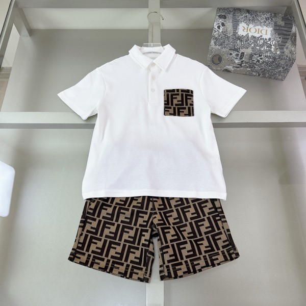 FENDI 子供服セットアップ夏フェンディ風 FF 柄 キッズ子供服 ポロシャツ＋ショーツ セットアップフェンディキッズ男の子 入学入園 / お祝い着 フェンディ風 キッズセットアップ