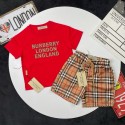 Burberry子供服セットアップバーバリー風子供服 上下セット tシャツ ショーツ 2点キッズ服ノバチェックロゴ半袖 T シャツ＋ショーツセットアップ レッド 90-160 サイズ
