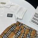 バーバリーBurberry 子供服男女兼用ノバチェックポロシャツ＋ショーツセットアップ 白 90-160 サイズセットアップ バーバリーハイブランド子供服 コピー高級感 百搭