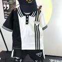 プラダキッズ セットアップ夏子供服prada プラダ風 モノクロ切り替え キッズポロセットアップ 春夏ハイブランドPRADA 風 トライアングルロゴ 半袖ポロ + ショーツセッ ト男の子 女の子プラダ子供服