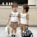 バーバリー子供服 ノバチェック柄 男女兼用キッズセットアップ 春夏ハイブランドBURBERRY 風 セットアップ ホースマークプリント T シャツ + スカート / ショーツセット兄妹服姉弟服可愛い