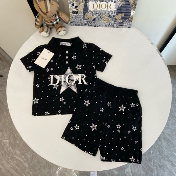 ディオールDiorキッズセットアップハイブランドディオール風 子供服スタープリント キッズポロシャツ × ハーフパンツ セット男の子お出かけ用 キッズポロセットアップ プレゼント