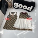フェンディFENDI 風 FF 総柄ノースリーブワンピース 2 デザイン 女の子キッズワンピフェンディ風 襟リボン & メッシュスカート 春夏キッズワンピースハイブランド子供服女の子