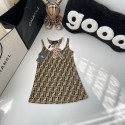 フェンディFENDI 風 FF 総柄ノースリーブワンピース 2 デザイン 女の子キッズワンピフェンディ風 襟リボン & メッシュスカート 春夏キッズワンピースハイブランド子供服女の子