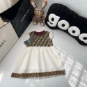 フェンディFENDI 風 FF 総柄ノースリーブワンピース 2 デザイン 女の子キッズワンピフェンディ風 襟リボン & メッシュスカート 春夏キッズワンピースハイブランド子供服女の子