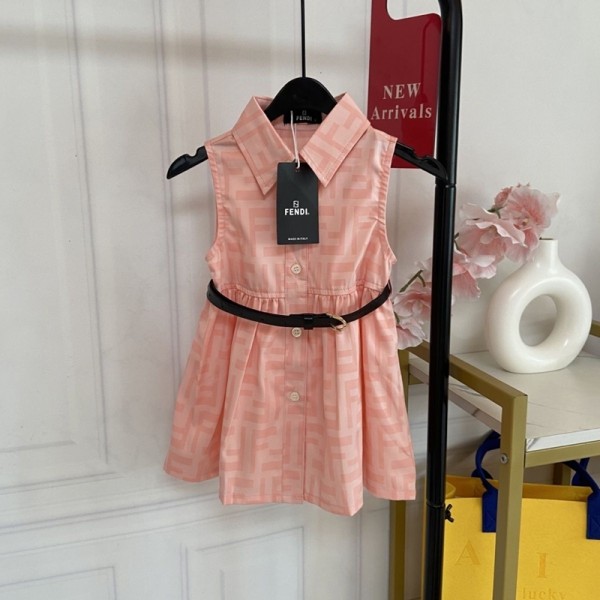 フェンディfendi 女の子子供服FF 総柄 ノースリーブシャツワンピース ベルト付き 春夏 上品 キッズドレスフェンディ上品ハイブランド風フェンディ可愛いキッズ服