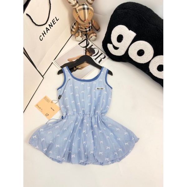 ミュウミュウ子供服女の子ブランド子供洋服可愛いMiuMiu 風 キッズワンピース ノースリーブ 水色リボンプリント 女児 春夏ガーリーハイブランド子供服ミュウミュウ女の子洋服