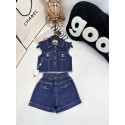 シャネルCHANELキッズセットアップ シャネル風 CC ストーンデニムノースリーブ 2 点セット 女の子キッズ春夏カジュアル上下ウェアシャネル子供服女の子ハイブランド